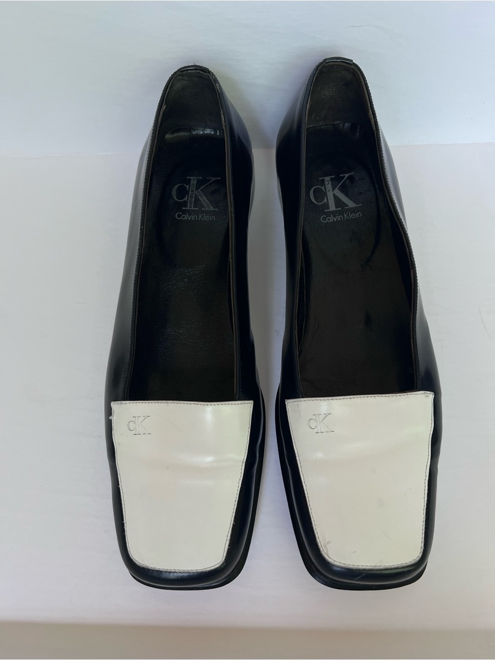 Calvin Klein Collection Black and White Square-Toe Slip-On Loafers